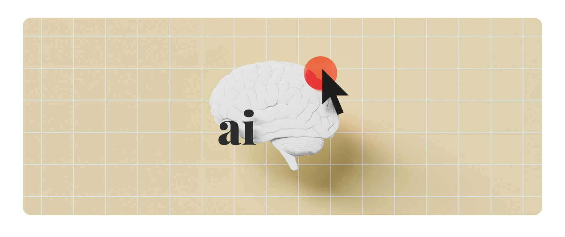 A sculptural brain, the letters AI and a cursor on a tiled background