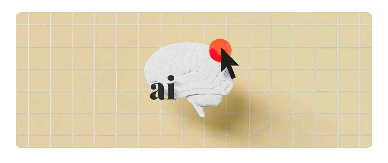 A sculptural brain, the letters AI and a cursor on a tiled background