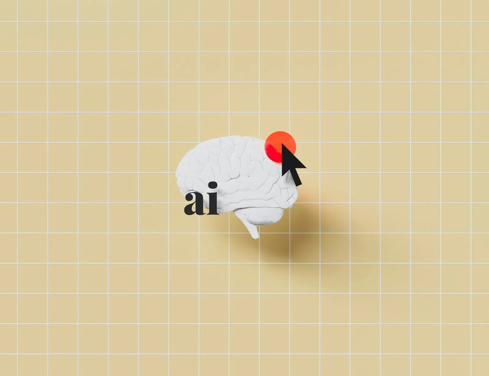 A model brain on a yellow grid, marked by a cursor and a red dot