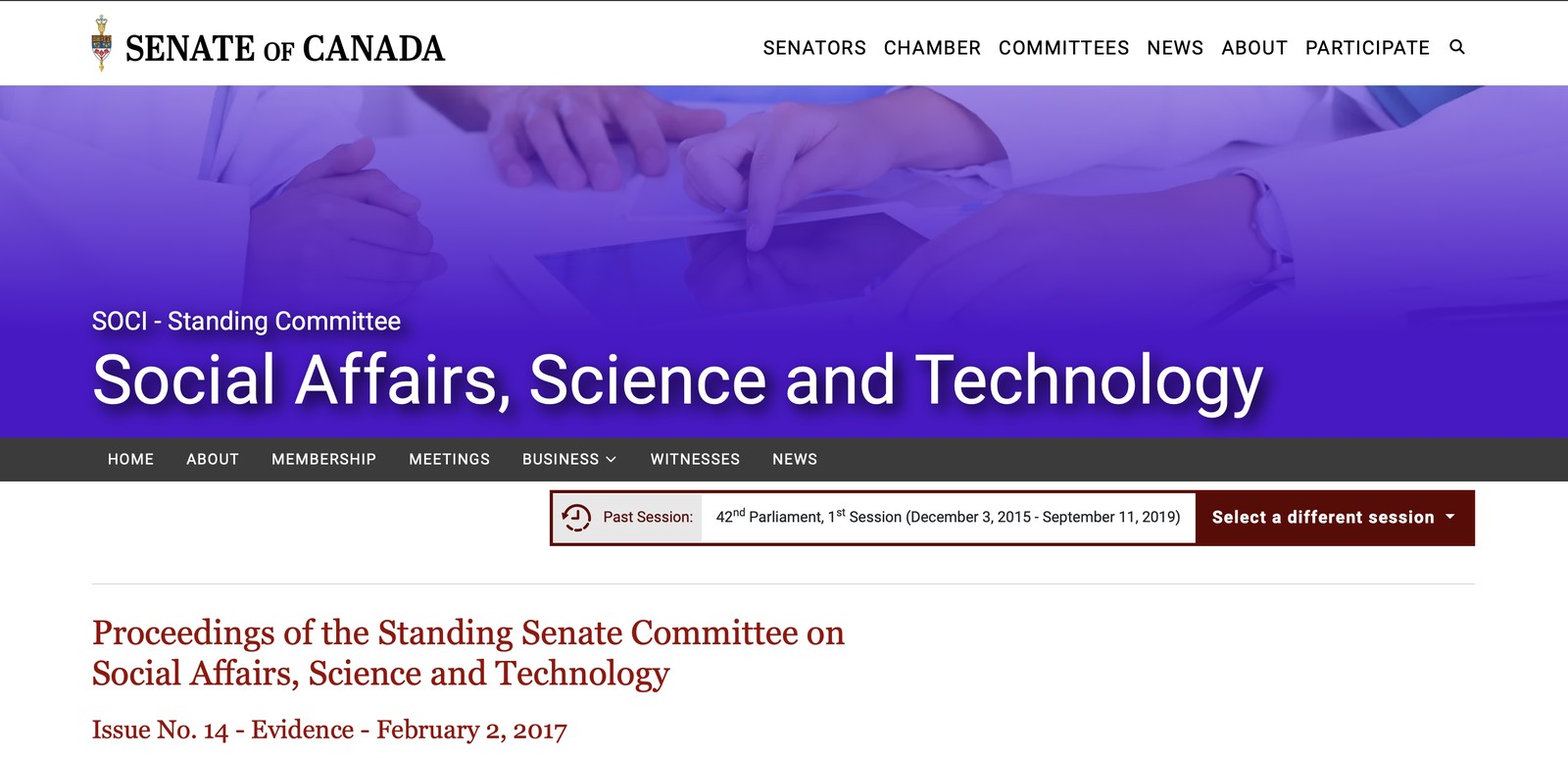 The Senate of Canada committee page for the Standing Committee on Social Affairs, Science and Technology, Issue No. 14, Evidence, 2 February 2017.